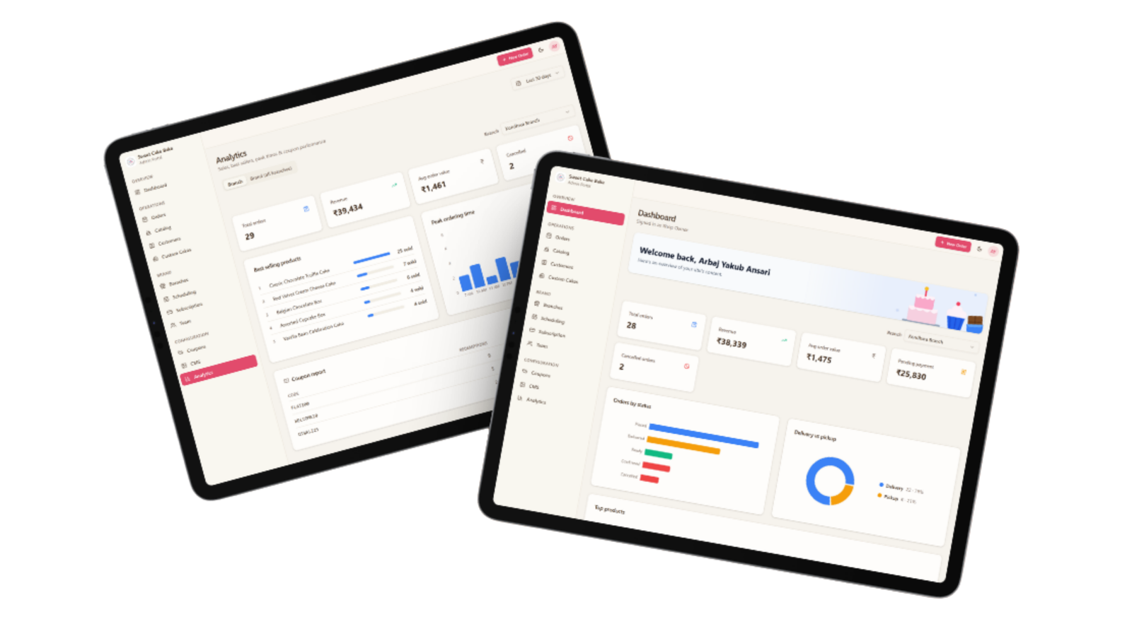 The Frostique admin dashboard showing revenue, total orders, best-selling cakes, peak ordering times and a coupon report