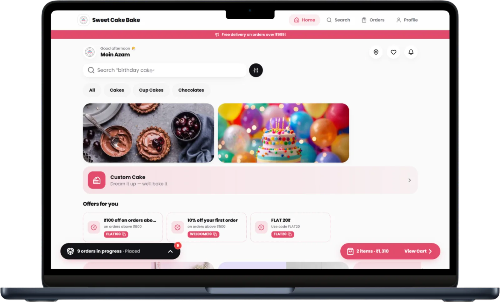 The same branded storefront running on a laptop, with pre-order scheduling, offers and a live order bar
